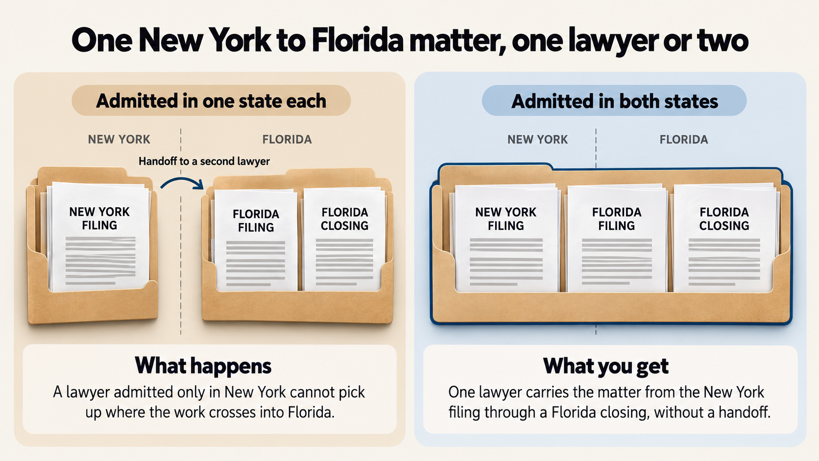 One New York to Florida matter, one lawyer or two: with lawyers admitted in one state each, the New York filing is handed off to a second lawyer for the Florida filing and closing; with one lawyer admitted in both states, the New York filing, Florida filing and Florida closing stay in one file without a handoff